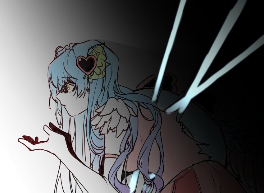 1girl absurdres blue_hair closed_mouth game_25_lol hand_up hands_up highres leaning_forward lobotomy_corporation long_hair looking_to_the_side magical_girl parted_bangs pink_skirt pink_vest project_moon queen_of_hatred shaded_face simple_background skirt solo stab very_long_hair vest white_background yellow_eyes