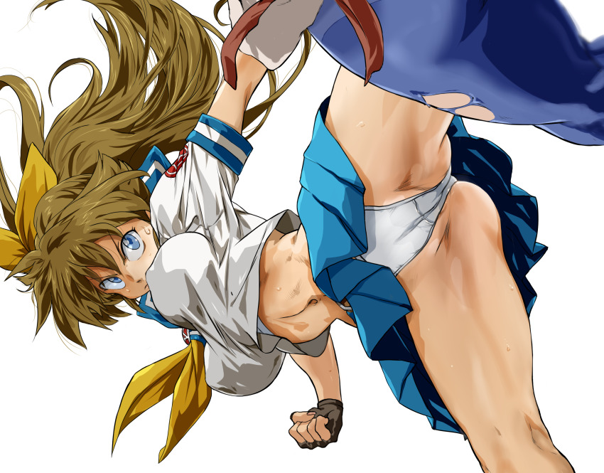 2girls auge_(akd) black_gloves blue_eyes blue_skirt borrowed_character bow bra bra_peek breasts brown_hair fingerless_gloves gloves glowing hair_bow highres kicking long_hair m.u.g.e.n midriff multiple_girls navel neckerchief original panties pleated_skirt ponytail ribbon ryuko_(oggyoggy) school_uniform serafuku short_sleeves simple_background skirt solo_focus torn_clothes underwear white_background yellow_bow yellow_neckerchief