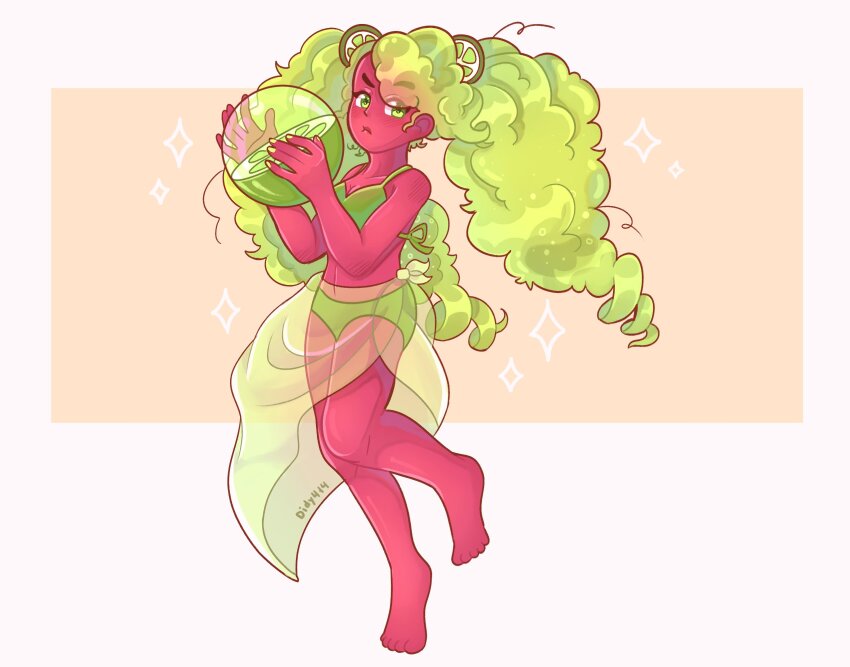 1girl alternate_skin_color ball barefoot beachball bikini breasts cookie_run cookie_run:_ovenbreak dark-skinned_female dark_skin didy414 food-themed_hair_ornament full_body green_bikini green_eyes green_hair hair_ornament highres humanization lime_cookie lime_hair_ornament long_hair navel sarong see-through_clothes simple_background skirt solo swimsuit twintails very_long_hair