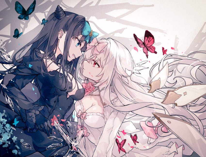 2girls arcaea black_dress black_hair blue_bow blue_butterfly blue_eyes bow breasts bug butterfly cleavage commentary cone_hair_bun cowboy_shot dress english_commentary from_side hair_bow hair_bun highres hikari_(arcaea) hikari_(fatalis)_(arcaea) insect long_hair looking_at_another medium_breasts miyu_(miy_u1308) multiple_girls pink_bow red_butterfly red_eyes sidelocks simple_background tairitsu_(arcaea) tairitsu_(tempest)_(arcaea) white_background white_dress white_hair