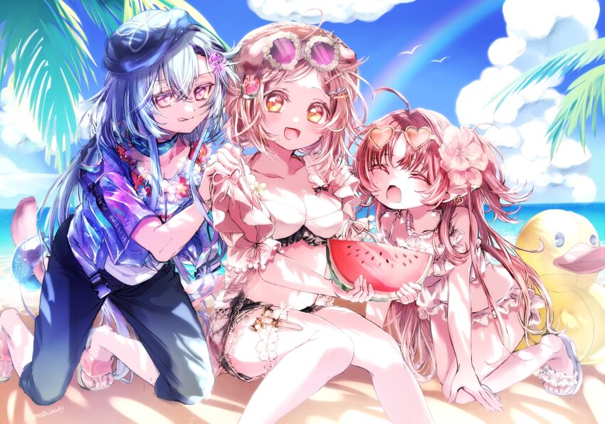 1boy 2girls :d :q ^_^ ahoge animal_ears arknights beach bikini blue_hair blue_sky blush breasts cat_ears cat_girl cat_tail closed_eyes cloud day eyewear_on_head food frilled_bikini frills fruit goldenglow_(arknights) goldenglow_(summer_flowers)_(arknights) heart heart-shaped_eyewear highres holding holding_food holding_fruit jewelry kneeling large_breasts mizuki_(arknights) mizuki_(summer_feast)_(arknights) mole mole_on_cheek mole_under_mouth mtmt_mugi multiple_girls myrtle_(arknights) myrtle_(summer_flowers)_(arknights) necklace ocean official_alternate_costume open_mouth orange-tinted_eyewear pearl_necklace pink_eyes pink_hair purple-tinted_eyewear red_hair round_eyewear sitting sky small_breasts smile sunglasses swimsuit tail tinted_eyewear tongue tongue_out watermelon white_bikini yellow_eyes