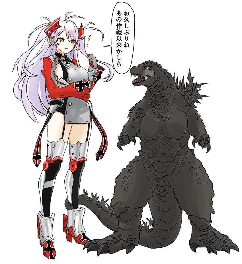 1girl antenna_hair azur_lane black_leotard boots breasts cross cross_earrings detached_sleeves dress earrings facial_scar flag_print full_body giant giant_monster godzilla godzilla_(series) godzilla_minus_one grey_dress grey_hair hair_between_eyes headgear highres ibuki_(tulta_icon) iron_blood_(emblem) iron_cross jewelry large_breasts leotard long_hair looking_at_viewer mole mole_on_breast multicolored_hair prinz_eugen_(azur_lane) red_hair scar scar_on_cheek scar_on_face sideboob smile speech_bubble spines streaked_hair thigh_boots toho two_side_up underboob very_long_hair very_long_tail white_hair