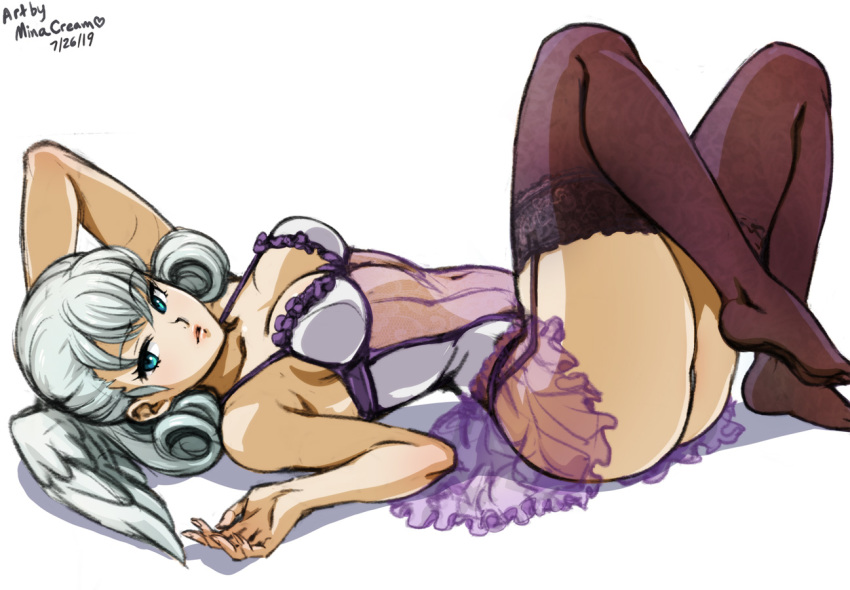 1girl ass blue_eyes bra braid breasts camisole cleavage crown_braid curly_hair garter_straps head_wings lingerie long_hair looking_at_viewer medium_breasts melia_antiqua mina_cream navel panties simple_background solo undefined underwear underwear_only wings xenoblade_chronicles_(series) xenoblade_chronicles_1