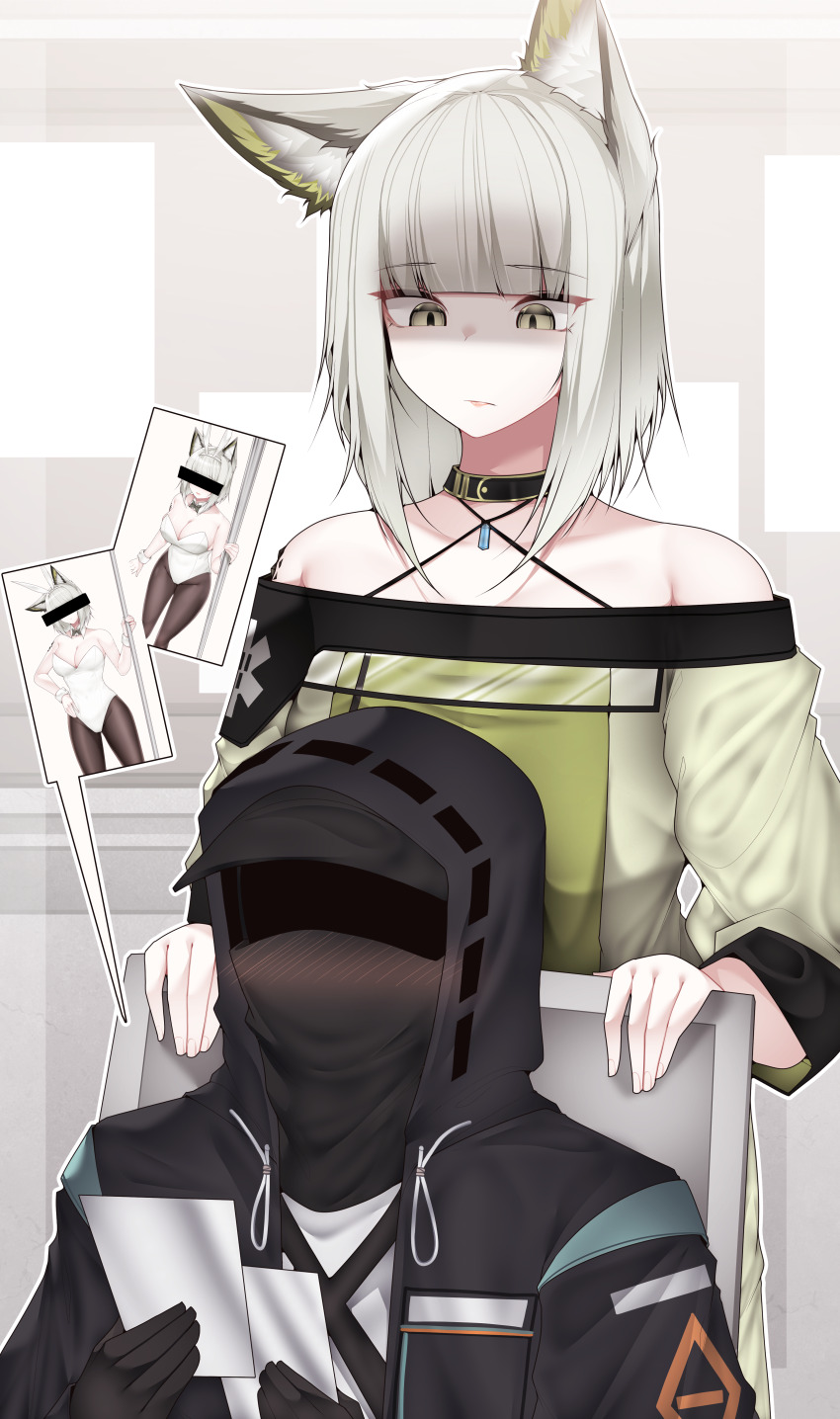 1girl 1other absurdres ambiguous_gender animal_ear_fluff animal_ears arknights black_pantyhose bow bowtie breasts cat_ears cat_girl censored censored_identity cleavage closed_mouth cowboy_shot criss-cross_halter dated_commentary detached_collar dress fake_animal_ears green_bow green_bowtie green_dress grey_eyes grey_hair halterneck highleg highleg_leotard highres holding kal&#039;tsit_(arknights) large_breasts leotard long_sleeves material_growth off-shoulder_dress off_shoulder open_mouth oripathy_lesion_(arknights) pantyhose playboy_bunny rabbit_ears samip shaded_face short_hair simple_background strapless strapless_leotard white_background white_leotard wrist_cuffs