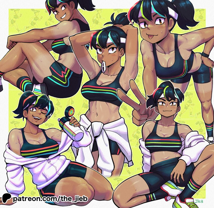 1girl :p ;d absurdres adjusting_hair artist_name black_hair black_socks black_sports_bra border breasts brown_eyes closed_mouth compilation dark_skin dolphin_shorts full_body grin hair_tie_in_mouth headband highres holding_thermos leaning_forward looking_at_viewer medium_breasts mouth_hold multicolored_hair one_eye_closed open_mouth original patreon_logo patreon_username ponytail shoes shorts sitting smile sneakers socks sports_bra sportswear sweat the_jieb thermos tied_sweater toned toned_female tongue tongue_out v white_border white_headband white_sneakers yeet-chan_(the_jieb)