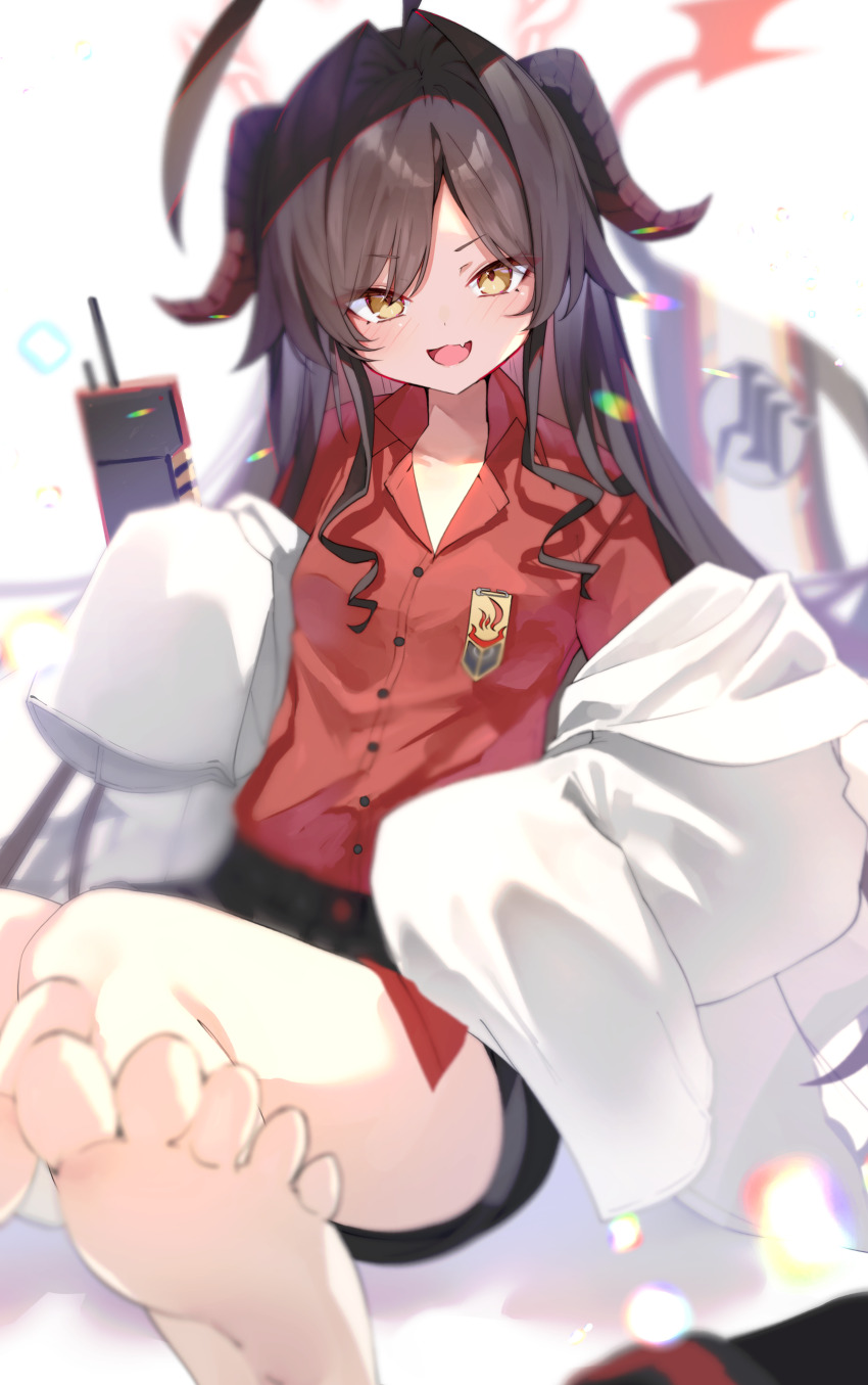 1girl absurdres ahoge bare_legs barefoot black_shorts blue_archive blush breasts brown_hair coat demon_horns demon_tail detonator fang foreshortening hair_intakes halo highres horns huge_ahoge kamiya_mitobe kasumi_(blue_archive) lab_coat long_sleeves looking_at_viewer open_clothes open_shirt red_shirt shirt shorts skin_fang sleeves_past_fingers sleeves_past_wrists small_breasts smile soles solo tail toes white_coat