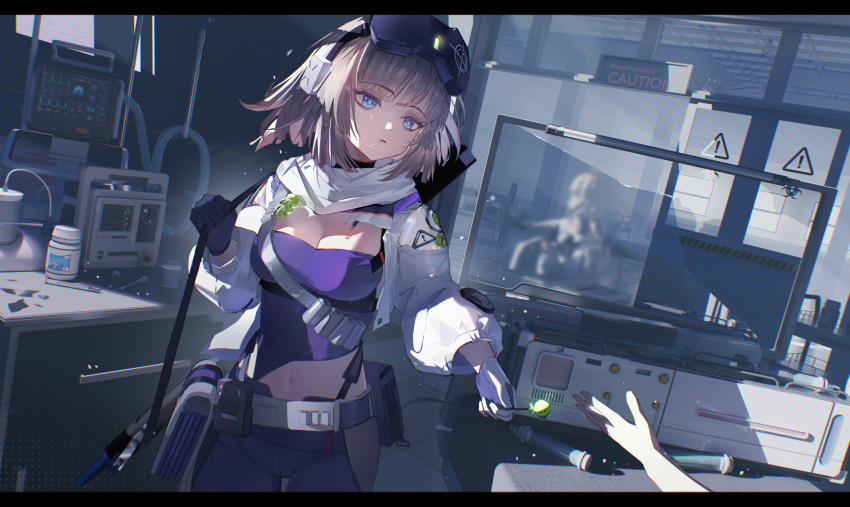 1girl aa-12_(girls&#039;_frontline) blue_eyes breasts candy cleavage dutch_angle fashi_laizi_weilai food girls&#039;_frontline girls&#039;_frontline_2:_exilium goggles goggles_on_head grey_hair highres holding holding_candy holding_food holding_lollipop indoors lind_(girls&#039;_frontline_2) lollipop long_hair medium_breasts midriff navel pants solo_focus tight_clothes tight_pants