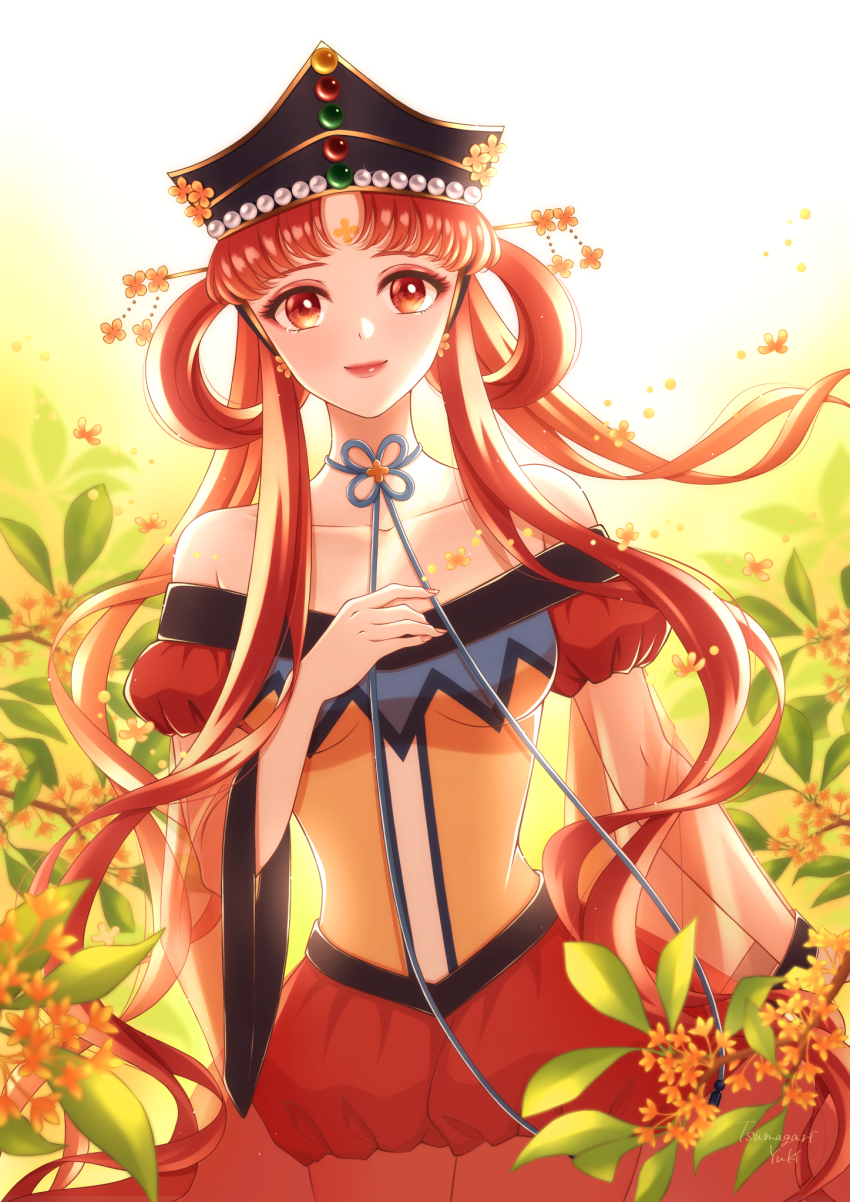 1girl bare_shoulders bishoujo_senshi_sailor_moon bishoujo_senshi_sailor_moon_stars black_hat blue_ribbon closed_mouth collarbone cowboy_shot dot_nose eyeshadow facial_mark flower forehead_mark hair_rings hat highres leaf long_hair looking_at_viewer makeup neck_ribbon osmanthus princess_kakyuu red_eyes red_eyeshadow red_hair red_lips red_shorts red_skirt red_sleeves ribbon see-through_clothes see-through_skirt see-through_sleeves short_shorts shorts skirt smile solo standing straight-on tsumagari_yuki twintails