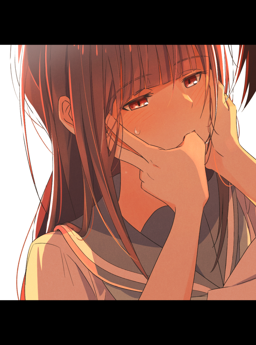 2girls blue_hair blue_sailor_collar blush commentary_request finger_in_another&#039;s_mouth hand_on_another&#039;s_face hibike!_euphonium highres kasaki_nozomi kitauji_high_school_uniform letterboxed liz_to_aoi_tori long_hair multiple_girls red_eyes sailor_collar sawara65 school_uniform shirt sweatdrop white_shirt yoroizuka_mizore yuri