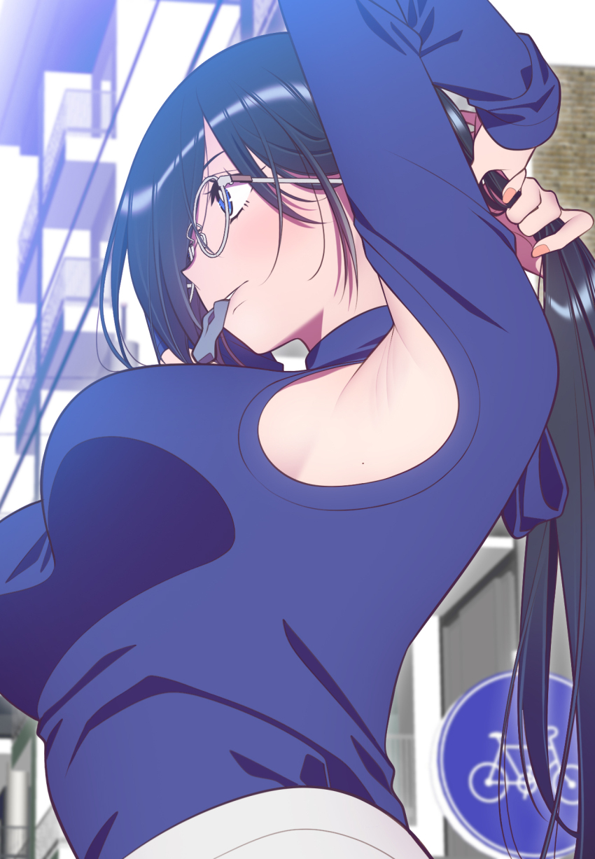1girl andrian_januar_adilia armpit_cutout armpits black_hair blue_eyes blue_shirt breasts clothing_cutout commentary english_commentary glasses hair_tie_in_mouth highres large_breasts long_hair long_sleeves looking_afar mouth_hold original outdoors round_eyewear shirt skirt solo tying_hair upper_body white-framed_eyewear white_skirt