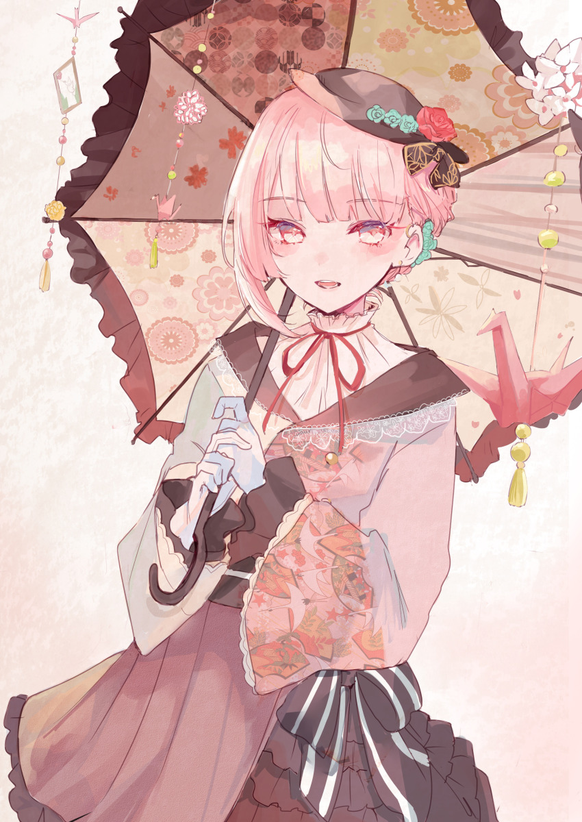 1other absurdres akiyama_mizuki androgynous asagimu_(tsuktsuk) black_headwear commentary_request cowboy_shot dress floral_print gloves gradient_background hat highres holding holding_umbrella kawaranu_atatakasa_no_tonari_de_(project_sekai) looking_at_viewer open_mouth origami paper_crane parasol pink_background pink_dress pink_eyes pink_hair project_sekai short_hair single_sidelock smile umbrella white_gloves