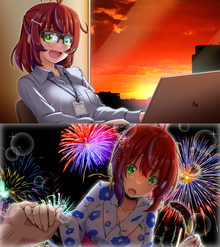 1boy 1girl :d aerial_fireworks akane_canna alternate_costume antenna_hair black-framed_eyewear blush bone_hair_ornament breasts chocolate_banana commentary_request computer fang fireworks floral_print floral_print_kimono glasses green_eyes grey_shirt hair_ornament highres holding_hands japanese_clothes kimono lanyard laptop large_breasts looking_at_viewer miso_panda multicolored_hair nanashi_inc. office_lady open_mouth over-rim_eyewear pov pov_hands print_kimono purple_hair red_hair semi-rimless_eyewear shirt short_hair smile solo_focus streaked_hair sunset two-tone_hair upper_body virtual_youtuber white_kimono