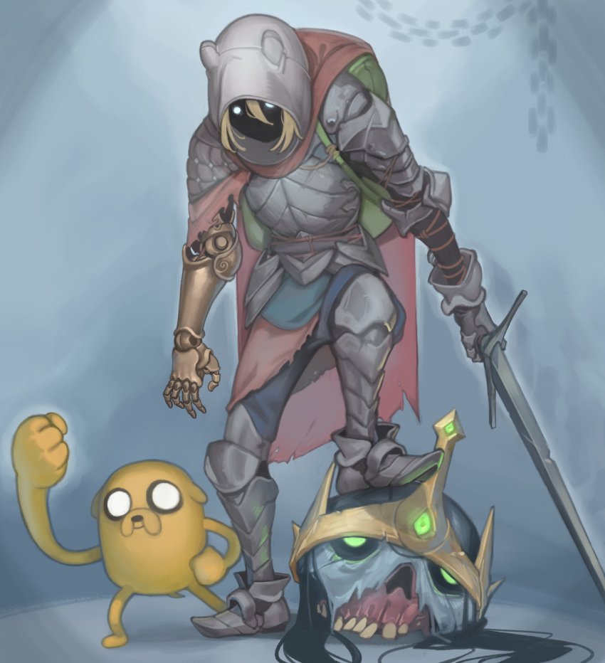 2boys absurdres adventure_time animal animal_ears arm_up armor backpack bag blonde_hair blue_eyes blue_shirt blue_shorts boots breastplate clenched_hand coat crown dog dog_ears dog_nose faceless faceless_male finn_the_human fur gem glowing glowing_eyes green_bag green_eyes green_gemstone hand_up head highres hood jake_the_dog jewelry kelvin_hiu knight lich_(adventure_time) mechanical_arms multiple_boys severed_head shirt shorts single_mechanical_arm skull smile sword teeth torn_clothes weapon white_hood yellow_fur