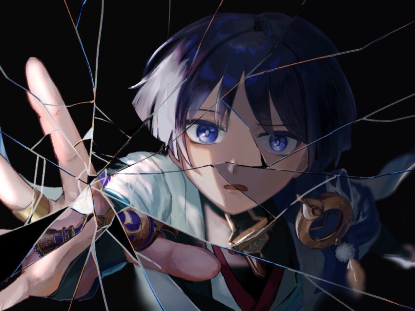 1boy arm_at_side black_background black_bodysuit black_bridal_gauntlets blue_cape blue_kimono blue_sleeves blunt_ends bodysuit bridal_gauntlets cape cracked_screen eyeliner eyeshadow feathers genshin_impact gnosis_(genshin_impact) gold gold_ring japanese_clothes juban kimono layered_sleeves looking_at_viewer makeup male_focus middle_ring open_clothes open_hand open_kimono open_mouth outstretched_arm pom_pom_(clothes) purple_eyes purple_hair purple_pupils reaching reaching_towards_viewer red_eyeliner red_eyeshadow red_kimono scaramouche_(genshin_impact) short_sleeves solo tsurime tukitoji0070 wanderer_(genshin_impact) white_kimono white_sleeves yellow_feathers