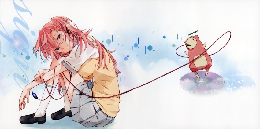 1girl absurdres album_cover ano_natsu_de_matteru blue_eyes blush breasts cover glasses grey_skirt highres huge_filesize large_breasts long_hair looking_at_viewer parted_lips red_hair rinon_(ano_natsu_de_matteru) scan sitting skirt smile socks takatsuki_ichika uon_taraku white_legwear