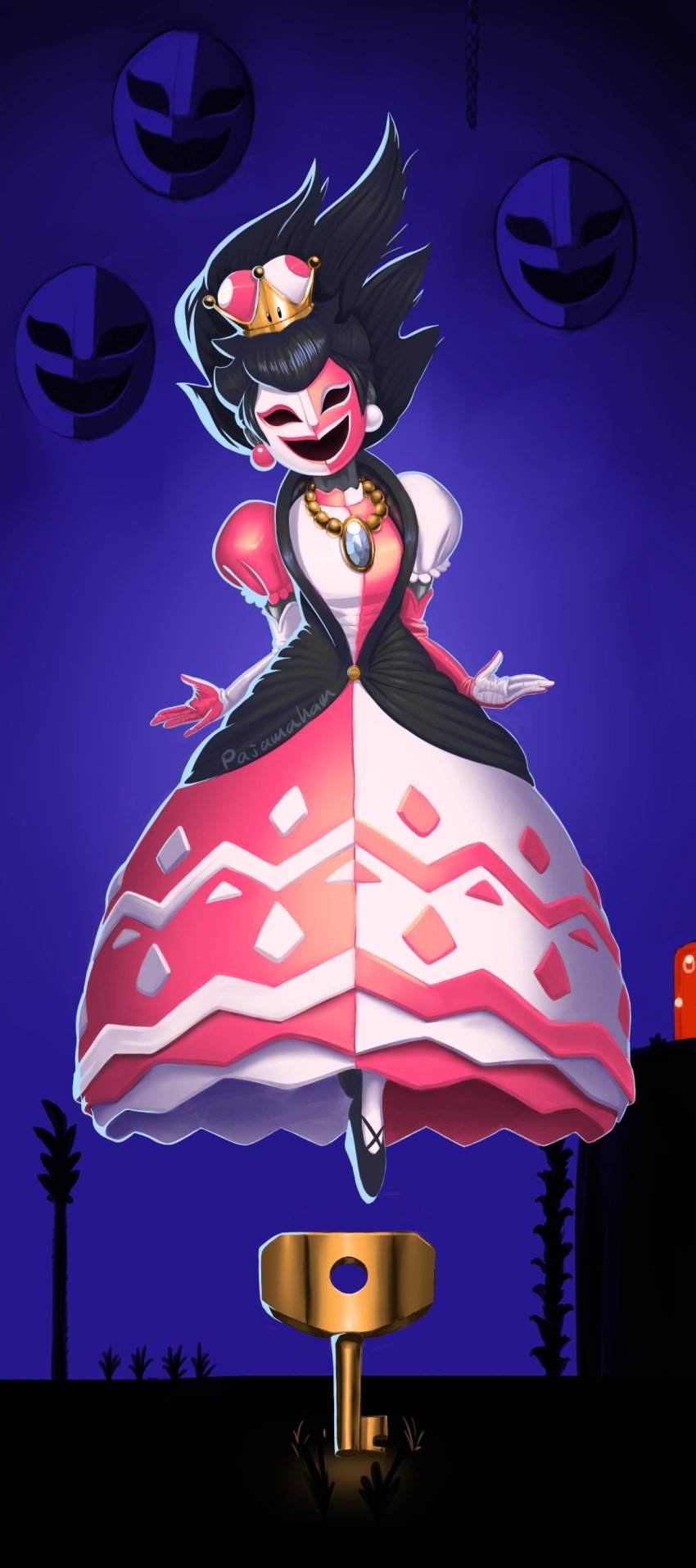 1girl absurdres artist_request black_hair brooch crown dress elbow_gloves female_focus floating gloves highres jewelry key long_hair mario_(series) mask new_super_mario_bros._u_deluxe nintendo personification phanto puffy_sleeves solo super_crown super_mario_bros._2