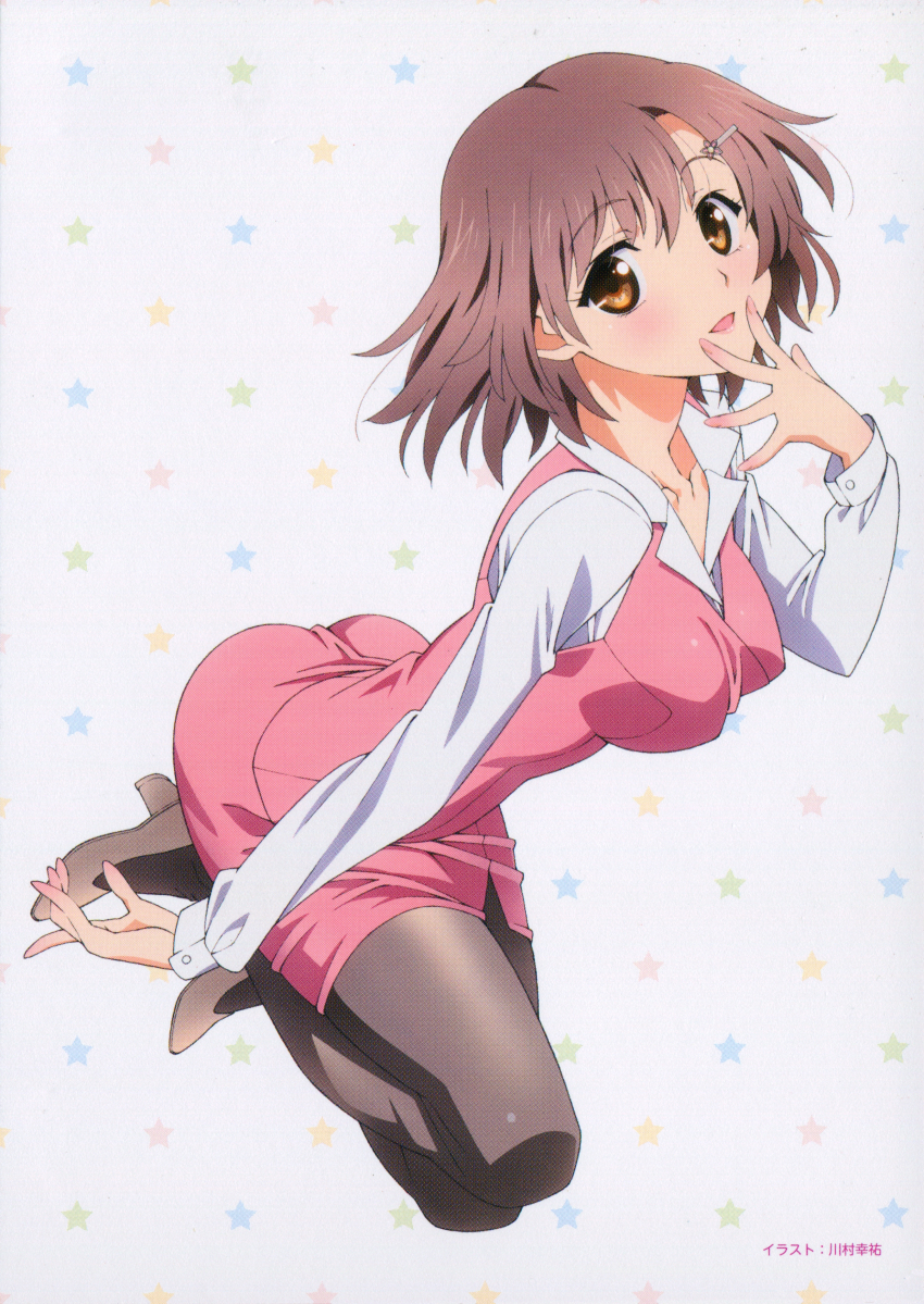 1girl absurdres ass blush breasts brown_eyes brown_hair brown_pantyhose collarbone dot_nose female_focus formal_clothes full_body grey_shoes hair_ornament hairclip highres jinno_kaoruko large_breasts long_sleeves looking_at_viewer office_lady onii-chan_dakedo_ai_sae_areba_kankeinai_yo_ne open_mouth pantyhose pencil_skirt pink_skirt pink_suit pink_vest shirt shoes short_hair skirt skirt_suit solo solo_focus suit tight_skirt vest white_background white_shirt
