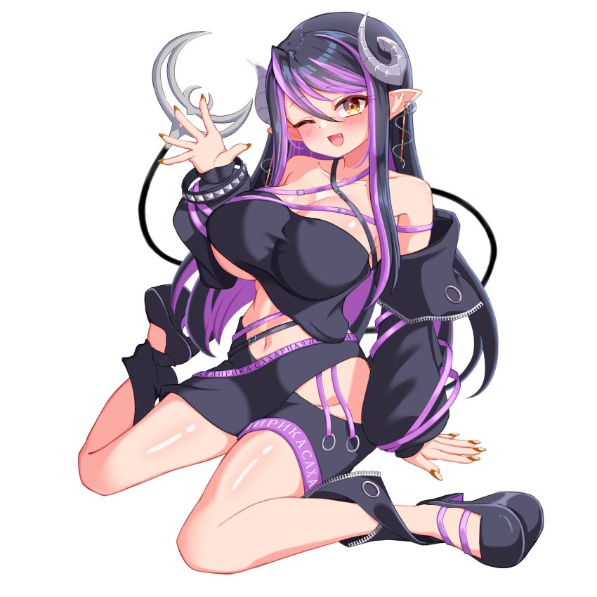 1girl :d absurdres bandeau belt black_bandeau black_belt black_hair black_jacket black_shoes black_skirt blush breasts chest_belt cleavage collarbone commentary_request curled_horns demon_girl demon_horns demon_tail fangs fingernails full_body grey_horns hair_between_eyes hebiyoi_tier hebiyoi_tier_(1st_costume) highres hip_vent horns jacket large_breasts long_hair long_sleeves midriff multicolored_hair nanashi_inc. navel off_shoulder one_eye_closed open_clothes open_jacket open_mouth pointy_ears purple_belt purple_hair shoes sidelocks simple_background skirt smile solo tail two-tone_hair variant_set very_long_hair virtual_youtuber white_background yellow_eyes yomusu
