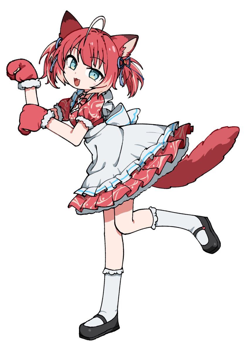 1girl :d ahoge akami_karubi animal_ears animal_hands apron aqua_eyes crazy_raccoon dress dyed_ahoge fangs frilled_apron frills full_body gloves hair_ribbon highres looking_at_viewer mary_janes multicolored_hair odayaka open_mouth orange_hair paw_gloves paw_pose paw_print pleated_dress puffy_short_sleeves puffy_sleeves raccoon_ears raccoon_girl raccoon_tail red_dress red_hair ribbon shoes short_hair short_sleeves simple_background smile socks solo standing standing_on_one_leg tail twintails virtual_youtuber white_background white_hair white_socks