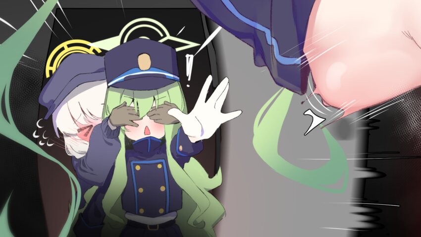 ! &gt;_&lt; 3girls absurdres aoba_(blue_archive) belt beret black_belt black_hat black_jacket black_skirt blonde_hair blue_archive blue_hat blue_jacket blush brown_gloves buttons closed_mouth covered_eyes covering_another&#039;s_eyes double-breasted flying_sweatdrops gen_(unzzenasd) gloves green_hair green_halo halo hands_up hat highres hikari_(blue_archive) implied_sex jacket loli long_hair long_sleeves looking_at_viewer medium_hair multicolored_hair multiple_girls navel nozomi_(blue_archive) open_door open_mouth outstretched_arm outstretched_hand peaked_cap pleated_skirt shirt_tucked_in siblings sisters skirt stomach_bulge streaked_hair triangle_mouth twins twintails very_long_hair walk-in white_gloves yellow_halo