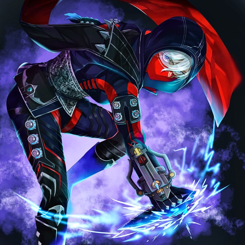 1girl apex_legends black_jacket black_pants black_scarf blue_eyes breasts cha_men_koi electricity highres holding holding_knife hood hood_up jacket knife kunai looking_at_viewer mask medium_breasts mouth_mask ninja official_alternate_costume pants rift_stalker_wraith scarf solo weapon white_hair hope&#039;s_dusk_(apex_legends) wraith_(apex_legends)