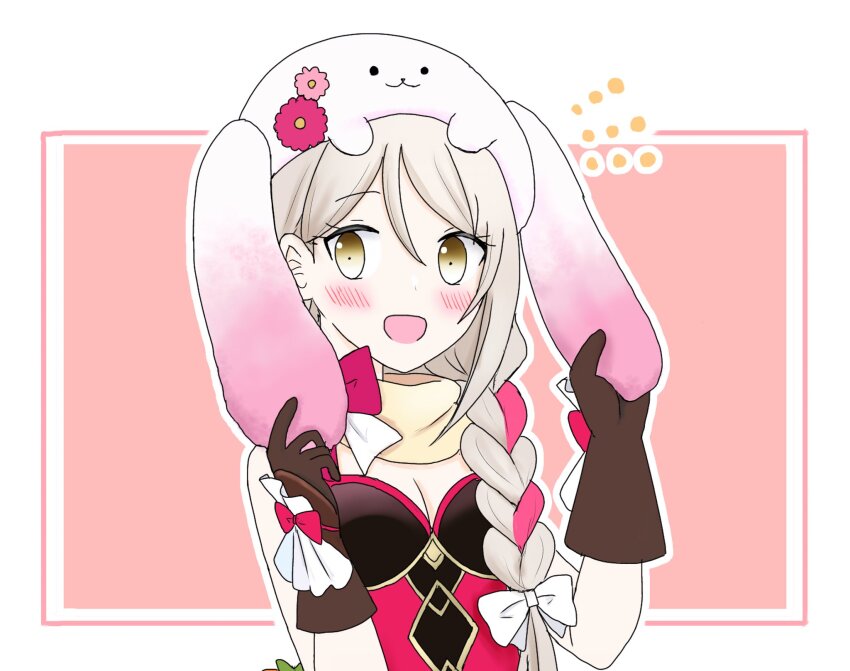 0drayveer8rlihn 1girl animal_hat blonde_hair braid braided_ponytail brown_gloves easter expressive_clothes fire_emblem fire_emblem_engage fire_emblem_heroes flower_ornament framme_(fire_emblem) framme_(spring)_(fire_emblem) gloves hair_over_shoulder hat highres looking_at_viewer nintendo official_alternate_costume open_mouth rabbit_hat smile solo yellow_eyes