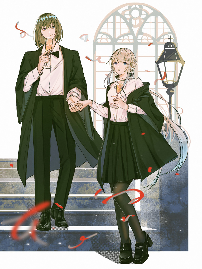 1boy 1girl absurdres blue_eyes cup drinking_glass fate/grand_order fate_(series) formal_clothes full_body hair_between_eyes highres long_hair looking_at_viewer morgan_le_fay_(fate) oberon_(fate) oberon_(third_ascension)_(fate) ponytail short_hair smile standing suit white_hair wine_glass yebeiming