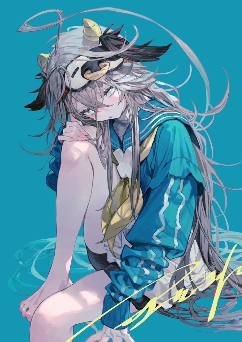 1girl barefoot blindfold blindfold_lift blue_background bukurote grey_hair highres horns long_sleeves original school_uniform serafuku solo