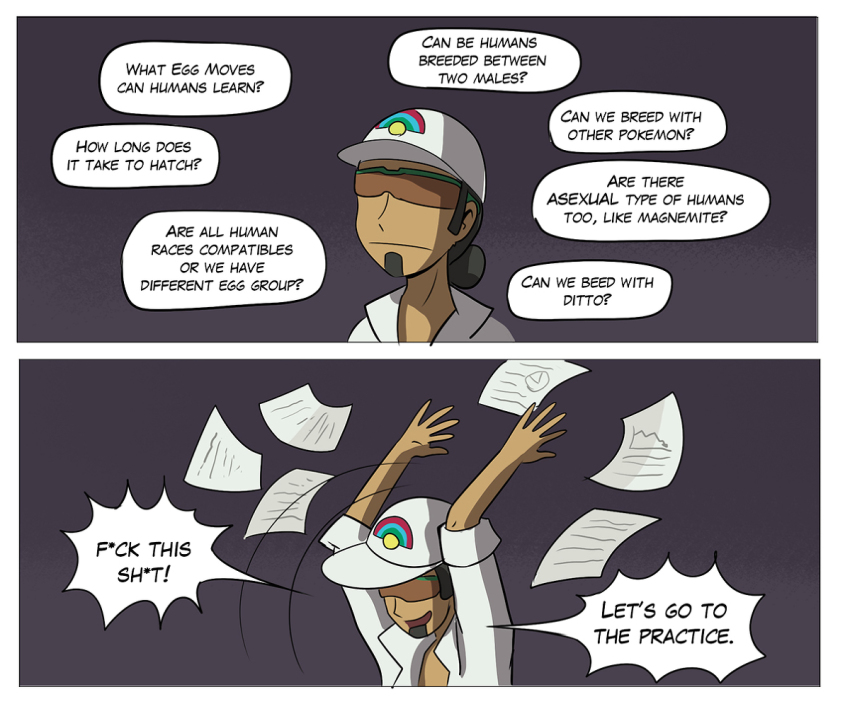 1boy 2koma black_hair comic dark_gargo professor_kukui paper pokemon pokemon_(anime) pokemon_sm speech_bubble sweat