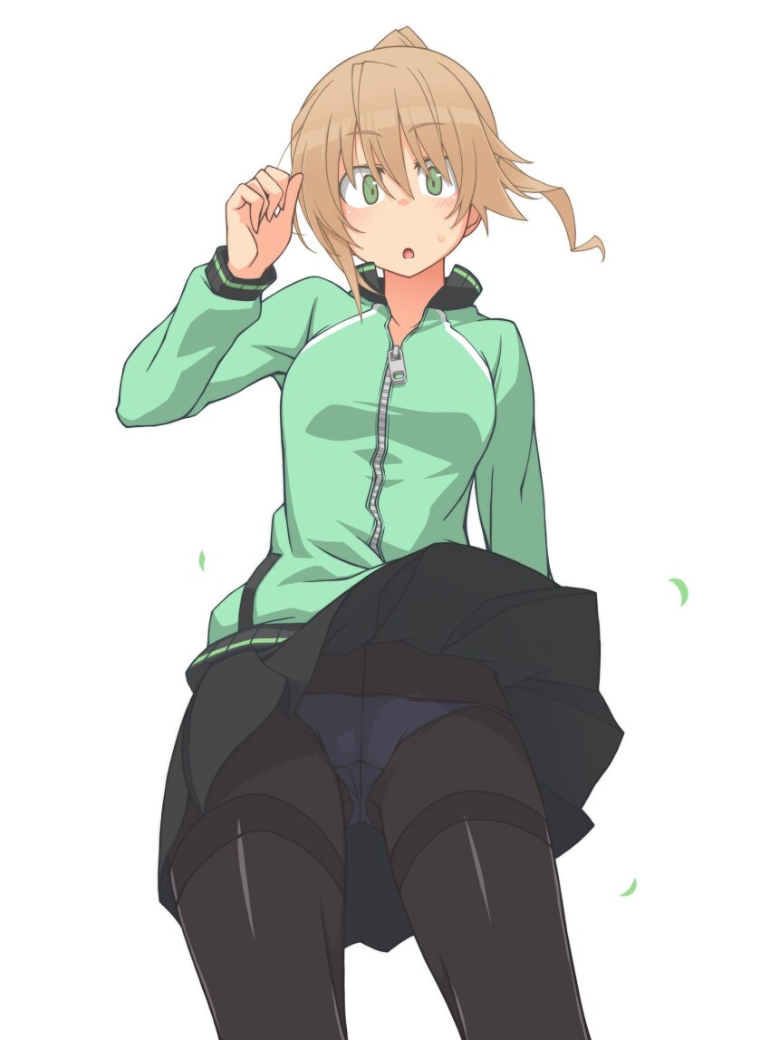 1girl arm_up black_skirt blonde_hair blush breasts clothes_lift cowboy_shot feet_out_of_frame from_below gluteal_fold green_eyes green_jacket highres jacket kakiku_keiko looking_at_viewer medium_breasts oteruko_(wanabeee) panties pantyhose skirt sweatdrop thighs track_jacket underwear upskirt white_panties wind wind_lift