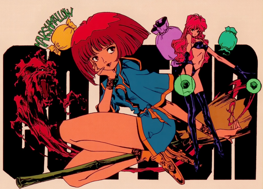 2girls bikini black_bikini black_thighhighs bracelet broom broom_riding candy copyright_name cotton_(character) cotton_(game) food hand_on_own_cheek hand_on_own_face high_heels jewelry long_hair multiple_girls non-web_source official_art red_eyes red_hair retro_artstyle short_hair short_sleeves silk_(cotton) swimsuit thighhighs