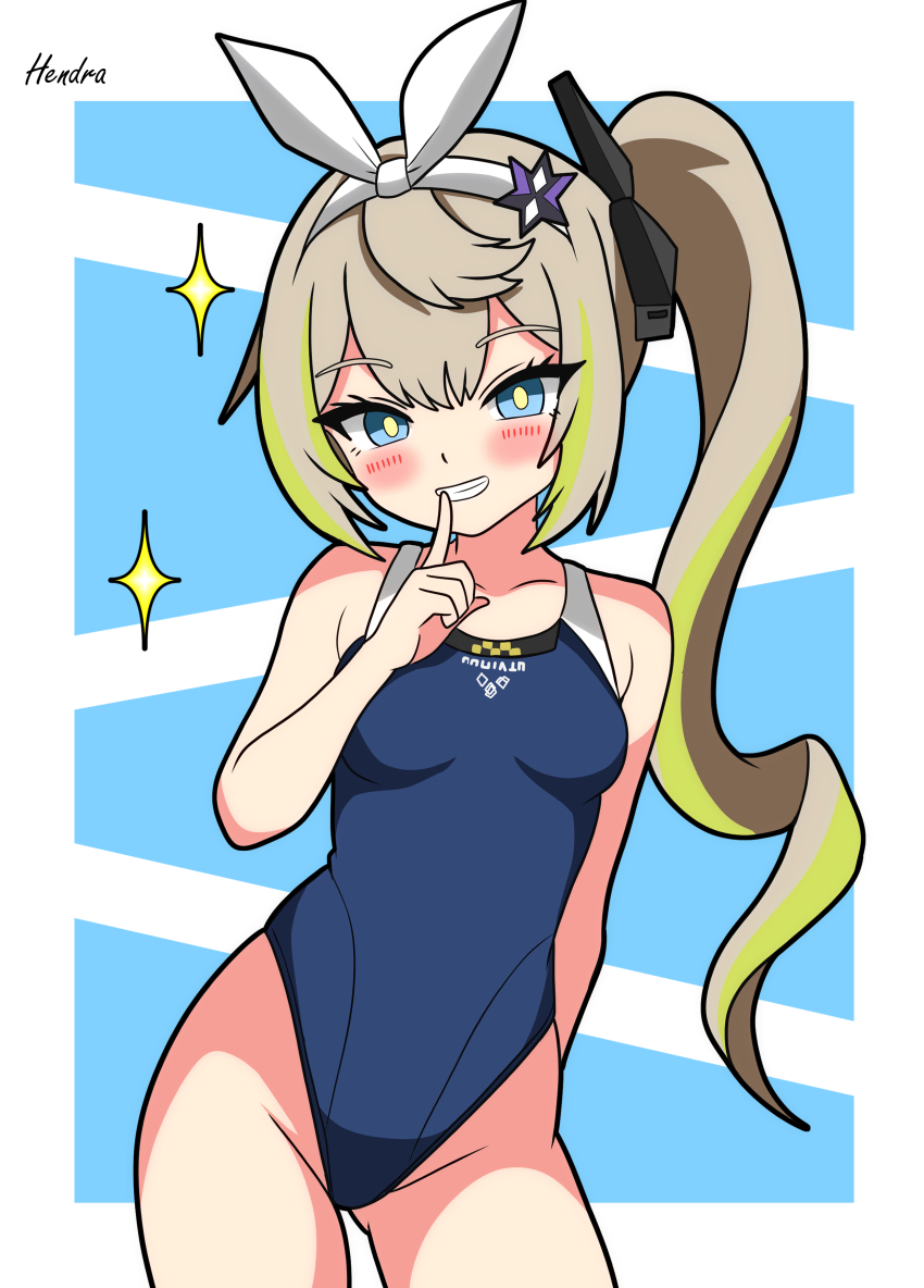 1girl absurdres artist_name blue_background blue_eyes blue_one-piece_swimsuit blush bow_hairband breasts brown_hair collarbone competition_swimsuit cowboy_shot finger_to_mouth girls&#039;_frontline green_hair grin groin hairband hendra highleg highleg_one-piece_swimsuit highres long_hair looking_at_viewer multicolored_hair one-piece_swimsuit parted_lips school_swimsuit sharkry_(girls&#039;_frontline_2) side_ponytail signature simple_background small_breasts smile solo sparkle streaked_hair swimsuit teeth white_hairband yellow_pupils