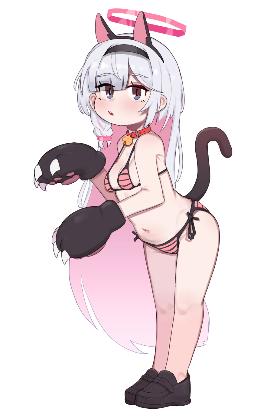 1girl :d absurdres animal_collar animal_ears animal_hands arched_back belt_collar bent_over bikini black_eyes black_shoes blue_archive blue_pupils braid breasts cat_ears cat_paws cat_tail collar commentary_request fake_animal_ears fake_tail full_body gloves grey_hair halo highres korean_commentary leaning_forward loafers long_hair looking_at_viewer lulubelleiii mismatched_pupils navel neck_bell open_mouth paw_gloves paw_pose pink_bikini pink_hair pink_halo plana_(blue_archive) red_collar red_pupils shoes side-tie_bikini_bottom side_braid simple_background single_braid small_breasts smile solo striped_bikini striped_clothes swimsuit tail teeth upper_teeth_only very_long_hair white_background