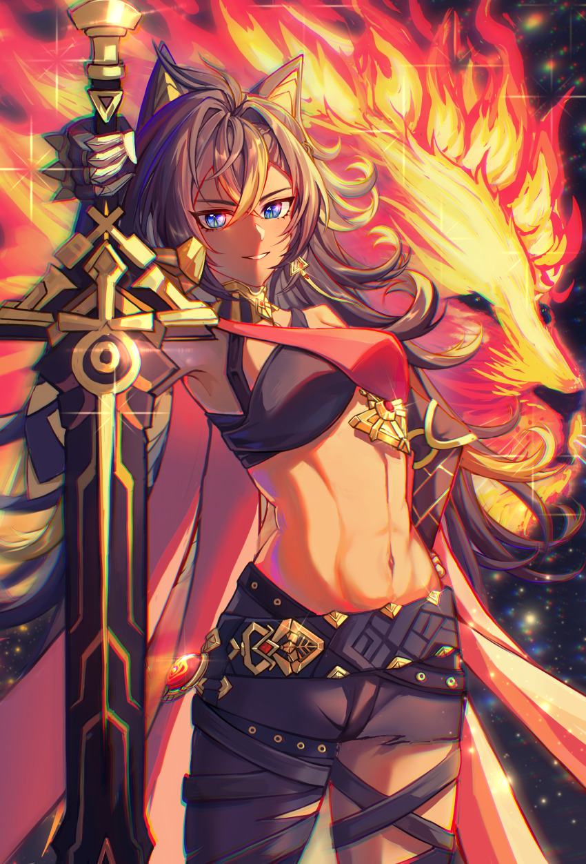 1girl absurdres animal_ears asymmetrical_clothes black_hair black_pants blonde_hair blue_eyes cape cowboy_shot criss-cross_halter crossed_bangs dark-skinned_female dark_skin dehya_(genshin_impact) genshin_impact grin hair_between_eyes halterneck highres holding holding_sword holding_weapon lion long_hair looking_at_viewer multicolored_hair navel oriane pants planted planted_sword planted_weapon red_cape single_pantsleg smile solo star_(sky) starry_sky_background stomach streaked_hair sword weapon