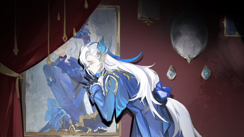 1boy 9mvfpubnzwgphzt ascot black_gloves blue_ascot blue_bow blue_brooch blue_jacket bow closed_eyes closed_mouth commentary cowboy_shot curtains feather_hair_ornament feathers furina_(genshin_impact) genshin_impact gloves hair_ornament hand_on_wall highres indoors jacket long_hair male_focus neuvillette_(genshin_impact) painting_(object) pointy_ears shadow sidelocks solo standing symbol-only_commentary wall white_hair