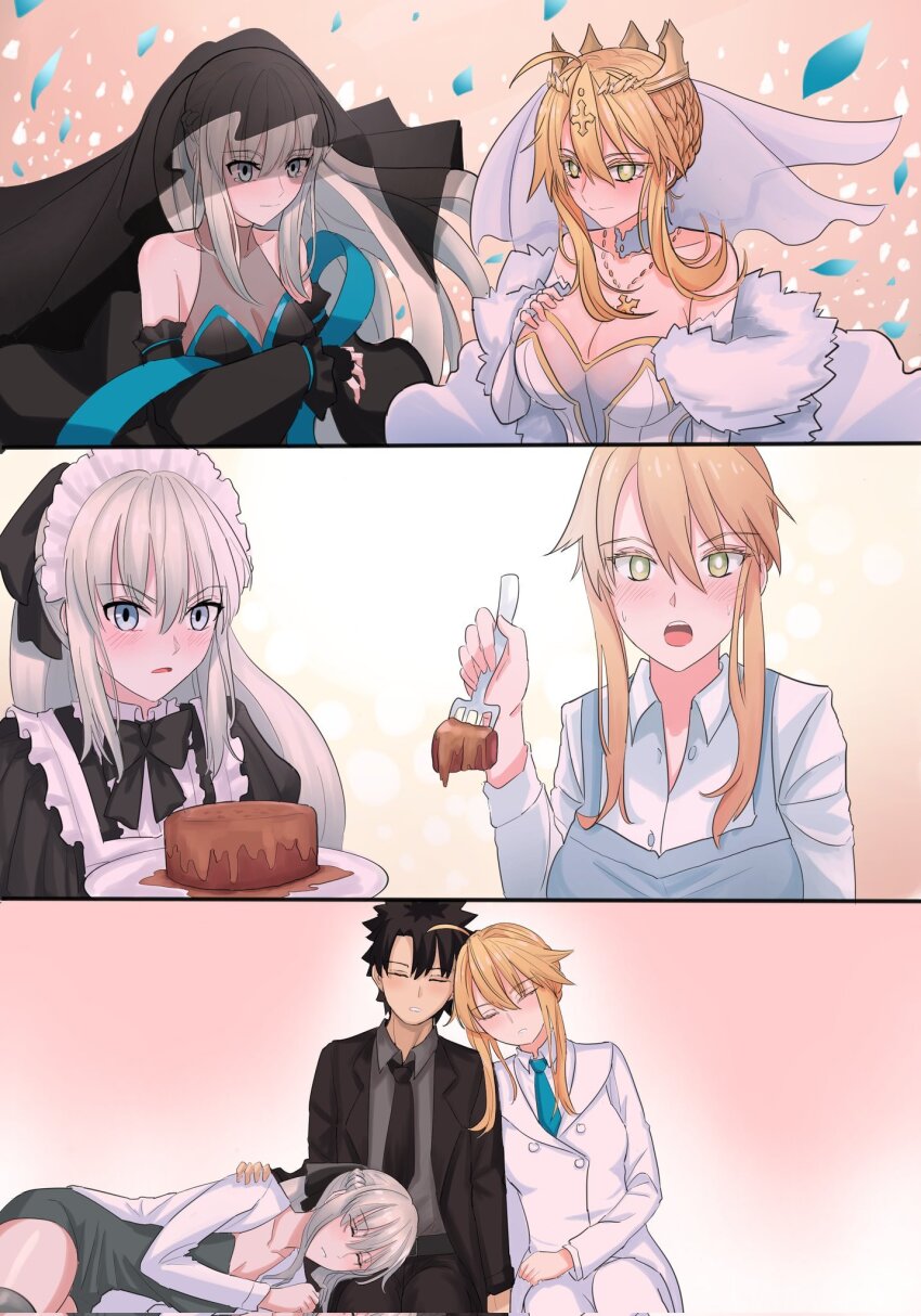 1boy 2girls :o artoria_pendragon_(fate) artoria_pendragon_(lancer)_(fate) bare_shoulders black_hair blonde_hair blue_eyes blue_petals blush breasts cake cleavage closed_eyes collarbone crown fate/grand_order fate_(series) food fujimaru_ritsuka_(male) green_eyes grey_hair highres husband_and_wives lap_pillow large_breasts longdq3008 morgan_le_fay_(fate) multiple_girls