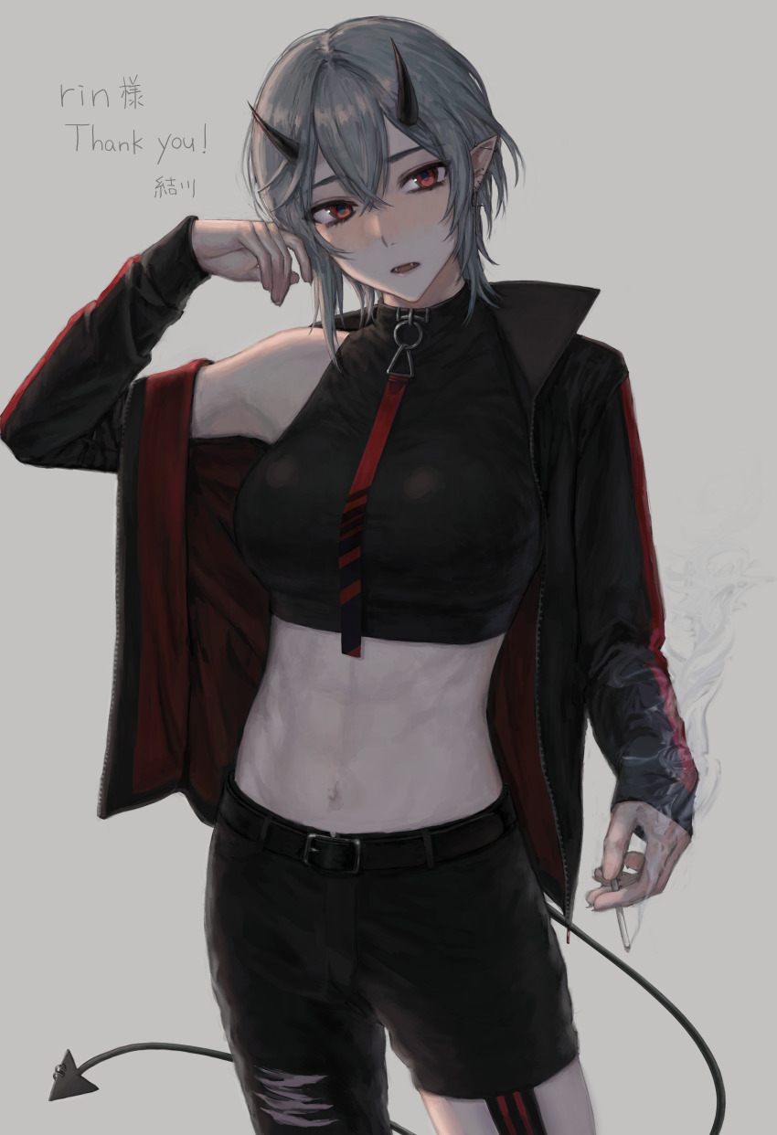 1girl absurdres black_horns black_jacket black_pants cigarette collar_choker commission cross cross_earrings demon_tail ear_piercing earrings fangs grey_background grey_hair hair_between_eyes head_tilt highres holding holding_cigarette horns imp indie_virtual_youtuber jacket jewelry midriff navel off_shoulder pants piercing pointy_ears red_eyes rinkya skeb_commission smoke smoke_trail solo tail thank_you toned toned_female virtual_youtuber yuikawa_(00hyr)