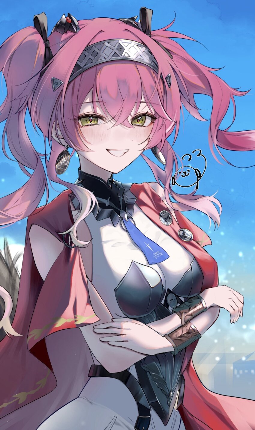 1girl armor black_bow bodysuit bow breastplate breasts collar commentary_request cowboy_shot earrings hair_between_eyes hair_bow hair_ornament hairband headgear highres jewelry light_blush long_hair looking_at_viewer lupa_(wuthering_waves) medium_breasts metal_collar metal_hairband multiple_hair_bows pink_hair red_pupils red_sash sash smile solo suyosuyo white_bodysuit wuthering_waves yellow_eyes