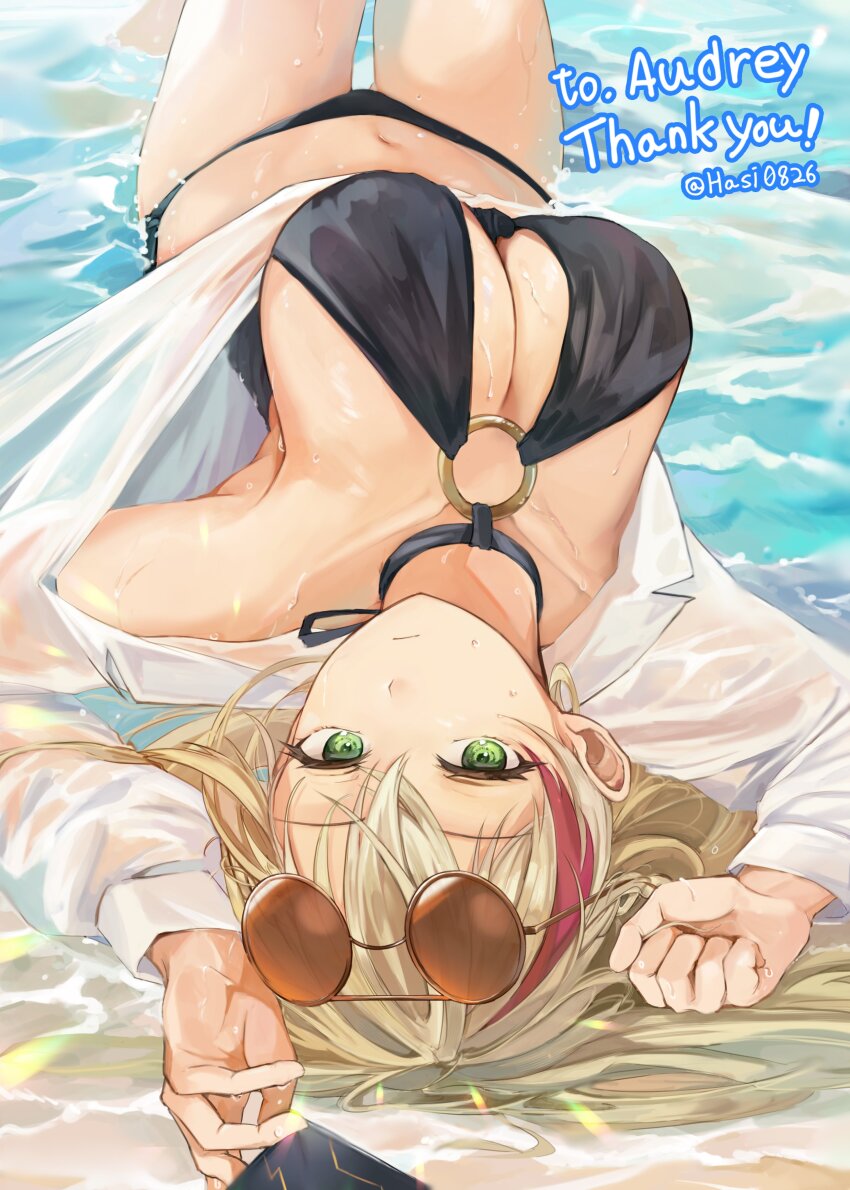 1girl absurdres alternate_costume armpits artist_name beach bikini black_bikini blonde_hair braid breasts cleavage coat commentary_request commission english_text front-tie_bikini_top front-tie_top green_eyes hair_between_eyes halterneck hasi_(seunga1025) highres large_breasts long_hair long_sleeves looking_at_viewer lying mixed-language_commentary multicolored_hair nahtnaught_(shadowverse) navel o-ring o-ring_bikini o-ring_top on_back partially_submerged puffy_long_sleeves puffy_sleeves round_eyewear shadowverse shadowverse_evolve side-tie_bikini_bottom solo streaked_hair swept_bangs swimsuit thank_you upside-down water white_coat