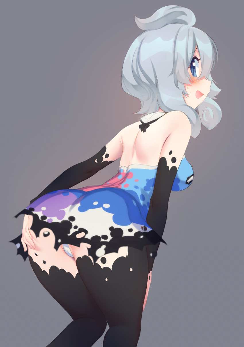 1girl absurdres ahoge ass blue_eyes bodypaint chumu_(teuthidan) commission commissioner_upload dress from_behind grey_hair hand_on_own_ass highres leaning_forward looking_at_viewer looking_back niniidawns original panties pantyshot short_dress solo tentacle_hair underwear upskirt white_panties