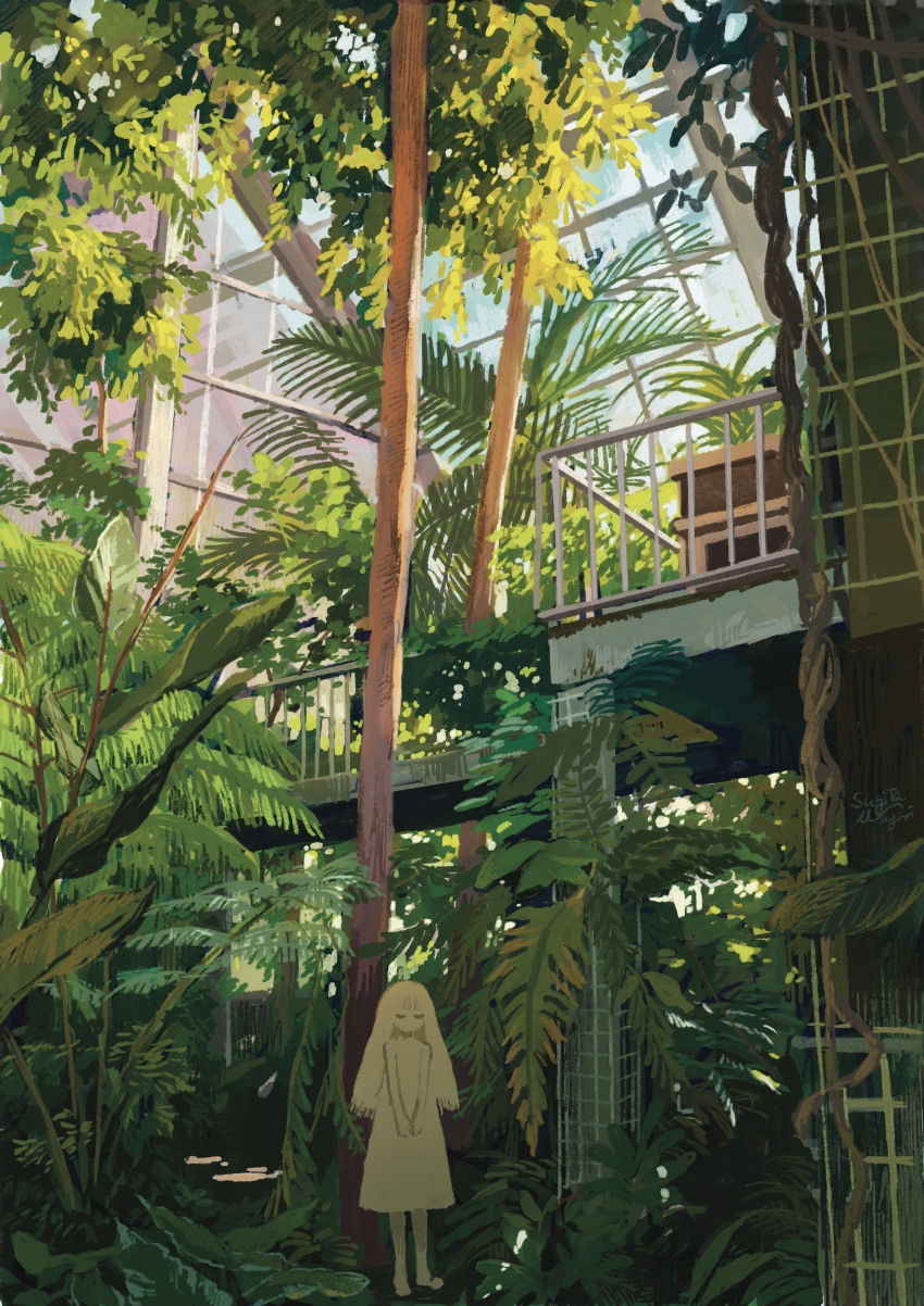 1girl absurdres building closed_eyes commentary_request dress fern greenhouse highres indoors long_hair nature original palm_leaf plant railing scenery signature solo standing sugita_magari sunlight tree v_arms vines walkway white_dress white_hair wide_shot