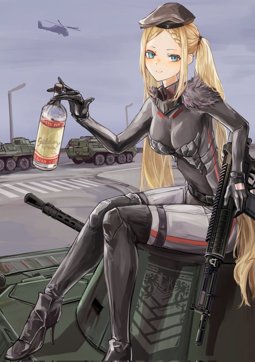 1girl a-545 a-545_(girls&#039;_frontline) aircraft alcohol aqua_eyes assault_rifle belt beret black_boots black_gloves blonde_hair bodysuit boots bottle braid breasts closed_mouth full_body girls&#039;_frontline gloves grey_bodysuit griffin_&amp;_kryuger_logo grifon_&amp;_kryuger gun hair_ornament hairclip hat helicopter high_heel_boots high_heels highres holding holding_bottle holding_gun holding_weapon knee_boots lithographica long_hair looking_at_viewer medium_breasts military military_vehicle revision rifle simple_background sitting smile solo stolichnaya_(vodka) twintails vodka weapon