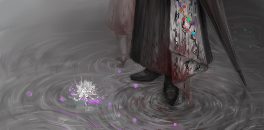 1boy 1girl absurdres black_shoes black_umbrella blood blood_in_water blood_on_clothes chinese_commentary ciwuyingyu closed_umbrella commentary_request flower highres huai_huizhi huai_yunqing lotus lower_body pink_skirt ripples shoes skirt standing touqi_guaitan umbrella white_flower