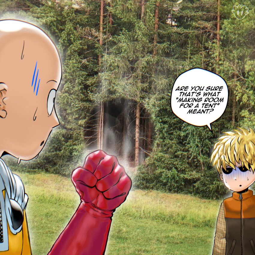 2boys absurdres bald black_sclera blonde_hair cape colored_sclera commentary devovas english_commentary forest genos gloves highres hole male_focus multiple_boys nature one-punch_man photo_background plaid_clothes plaid_shirt red_gloves saitama_(one-punch_man) shirt smoke superhero_costume sweat vest white_cape yellow_eyes