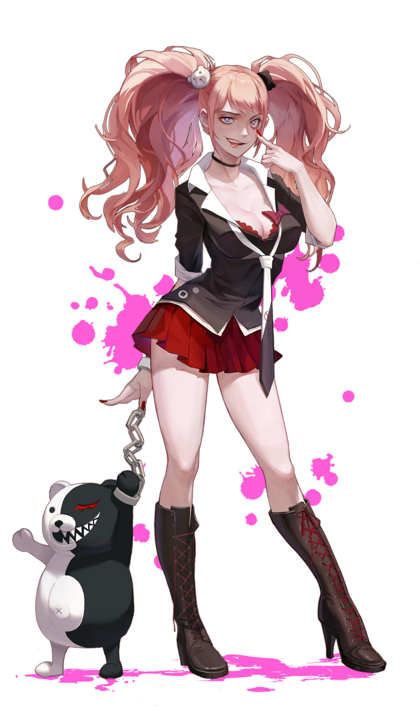 1girl absurdres akanbe bare_legs bear_hair_ornament bebai black_footwear black_neckwear black_skirt boots bra breasts chain choker cleavage collarbone collared_shirt contrapposto cuffs danganronpa_(series) enoshima_junko eyelid_pull fangs floating_hair full_body hair_ornament handcuffs high_heel_boots high_heels highres lace lace-trimmed_bra lace-up_boots lace_trim lips long_hair looking_at_viewer medium_breasts miniskirt monokuma nail_polish necktie paint_splatter pink_hair pleated_skirt purple_eyes red_bra red_nails red_skirt shirt short_sleeves simple_background skirt standing teeth thighs tongue tongue_out twintails two-tone_neckwear underwear white_background white_neckwear