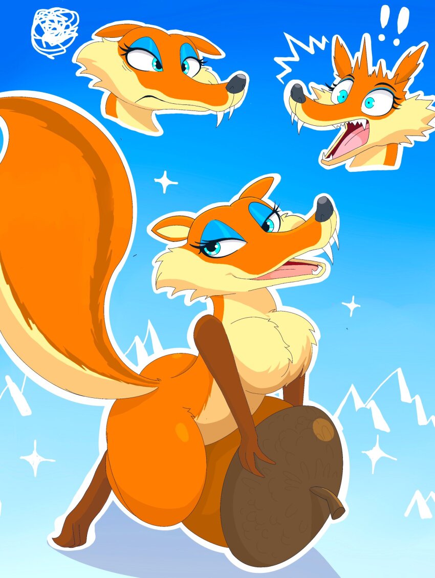 ! !! 1girl 2022 ^^^ acorn blue_background blue_eyes blue_eyeshadow blue_sky_studios eyelashes eyeshadow fangs female_focus fluffy furry furry_female gradient_background half-closed_eyes highres ice_age_(movie) ice_age_dawn_of_the_dinosaurs makeup multiple_views open_mouth orange_fur outline scratte_(ice_age) simple_background smile sparkle squiggle squirrel surprised tagme tail teeth thick_thighs thighs tongue white_outline wide_hips zebra10045