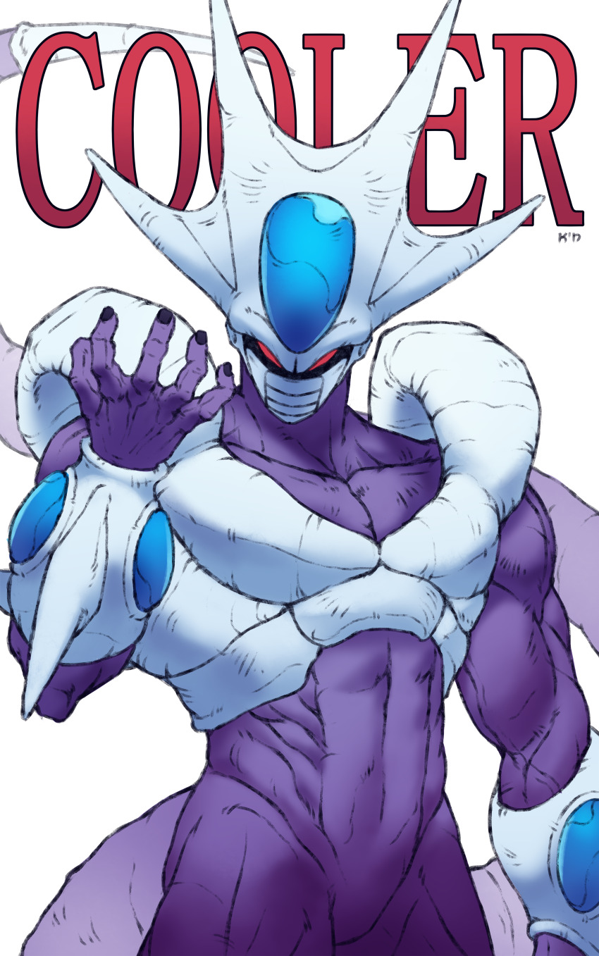 1boy absurdres artist_name black_nails colored_skin commentary cooler_(dragon_ball) dragon_ball english_commentary highres kursage muscular muscular_male purple_skin red_eyes simple_background solo tail white_background