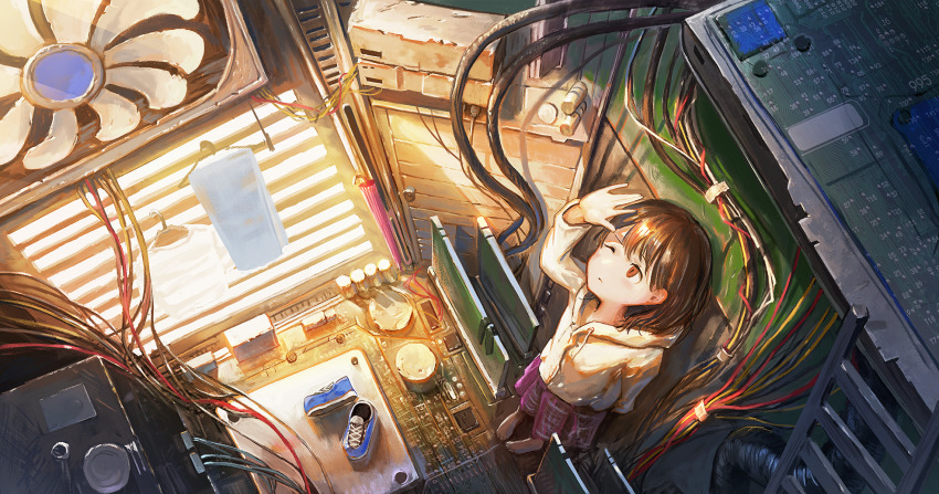 1girl against_wall arm_up barefoot brown_hair capacitor circuit_board clothes_hanger commentary_request computer_chip computer_fan drawstring fjsmu foreshortening from_above highres hood hood_down hoodie ladder light_frown looking_up microchip one_eye_closed original pink_skirt red_eyes shoes unworn_shoes short_hair skirt sneakers solo standing sunlight wire yellow_hoodie