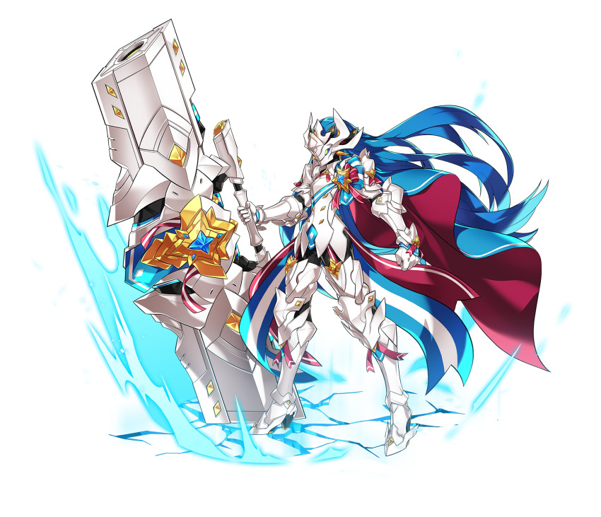 1boy ahoge androgynous armored_boots blue_cape blue_hair boots cape chung_seiker clenched_hand closed_mouth crack cracked_floor elsword floating_cape footwear_ribbon full_body game_cg helm helmet highres holding holding_cannon holding_weapon huge_weapon knee_boots legs_apart long_hair magic official_art pink_cape pink_ribbon planted ress ribbon second-party_source solo standing tachi-e transparent_background two-sided_cape two-sided_fabric v-shaped_eyebrows very_long_hair weapon white_boots white_helmet wind