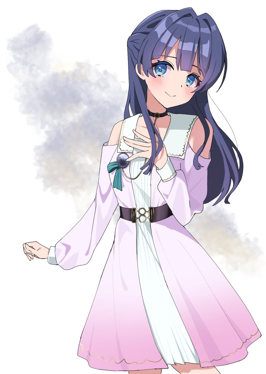 1girl bare_shoulders black_choker blue_eyes blue_hair braid choker clothing_cutout collarbone commentary cowboy_shot dream_believers dress hair_intakes half_up_braid half_updo highres kai_(shell) link!_like!_love_live! long_hair long_sleeves love_live! medium_dress murano_sayaka official_alternate_costume pink_dress shoulder_cutout solo standing virtual_youtuber white_background